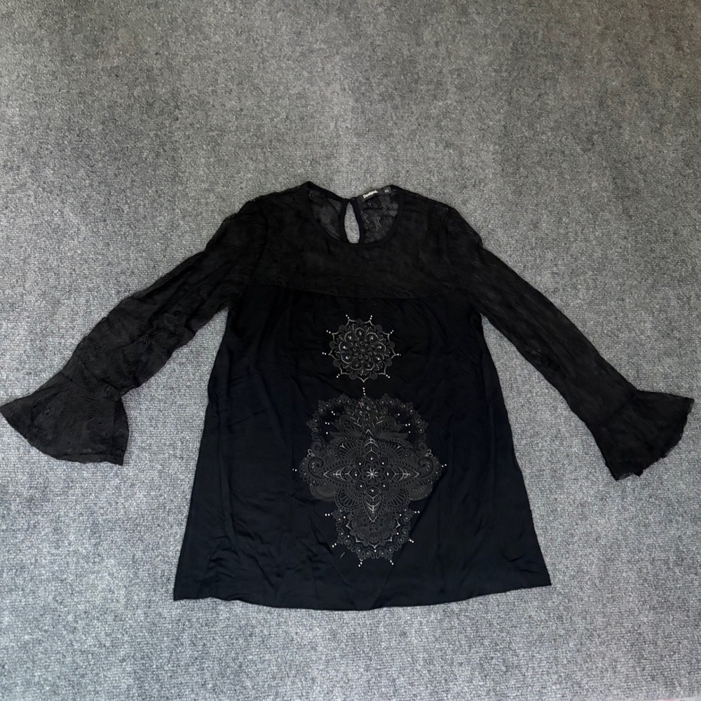 Desigual Womens Black Lace Long Sleeve Mandala Graphic Bell Sleeve Tunic Top XS